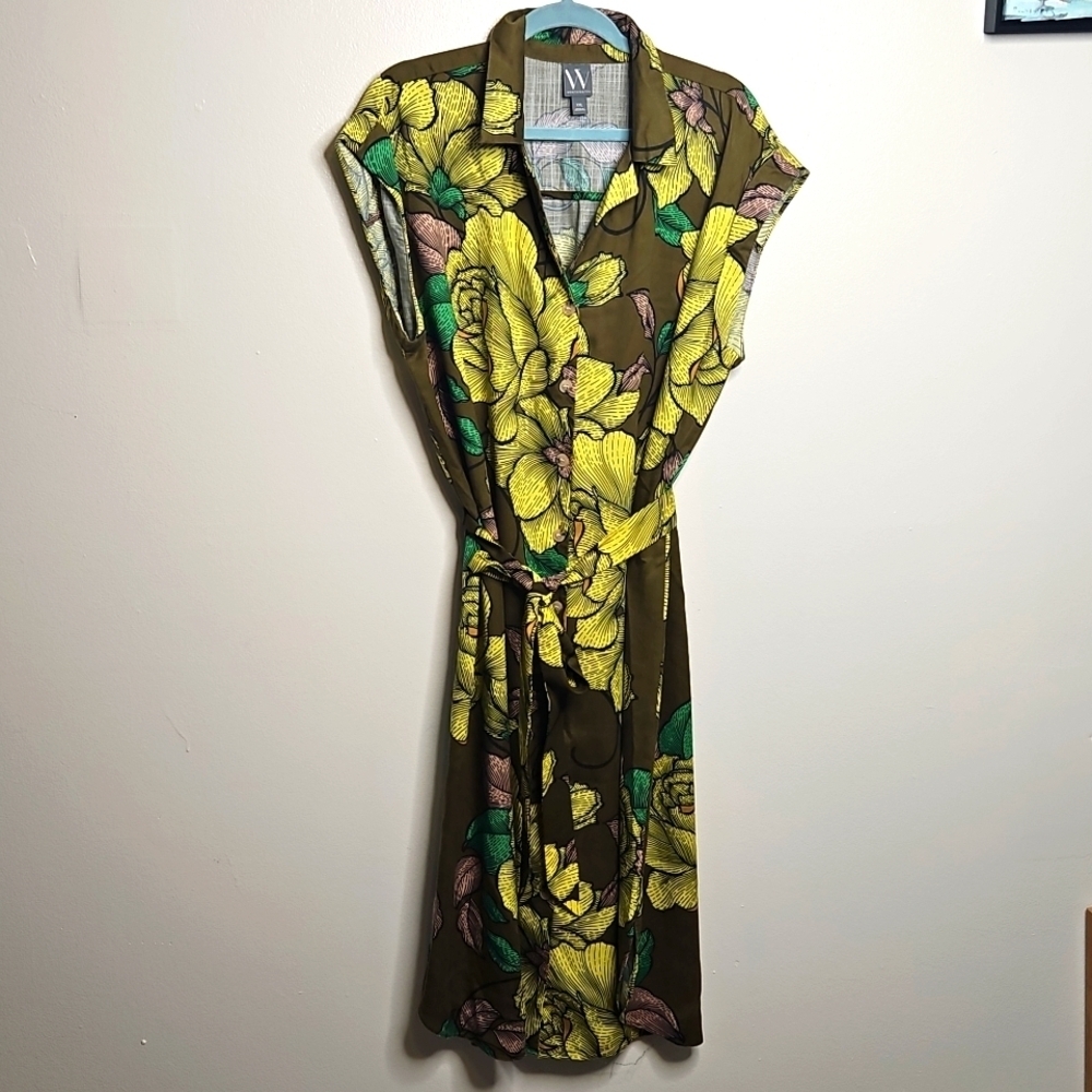 Worthington Olive Green Floral Wrap Dress with Yellow and Green Print